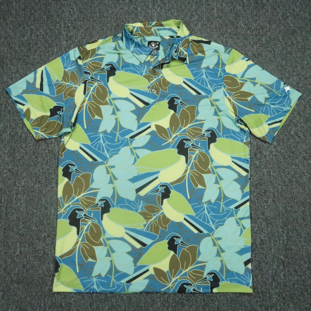 Raised By Coyotes Shirt Mens Large Blue Green Floral Birds Performance Golf Polo